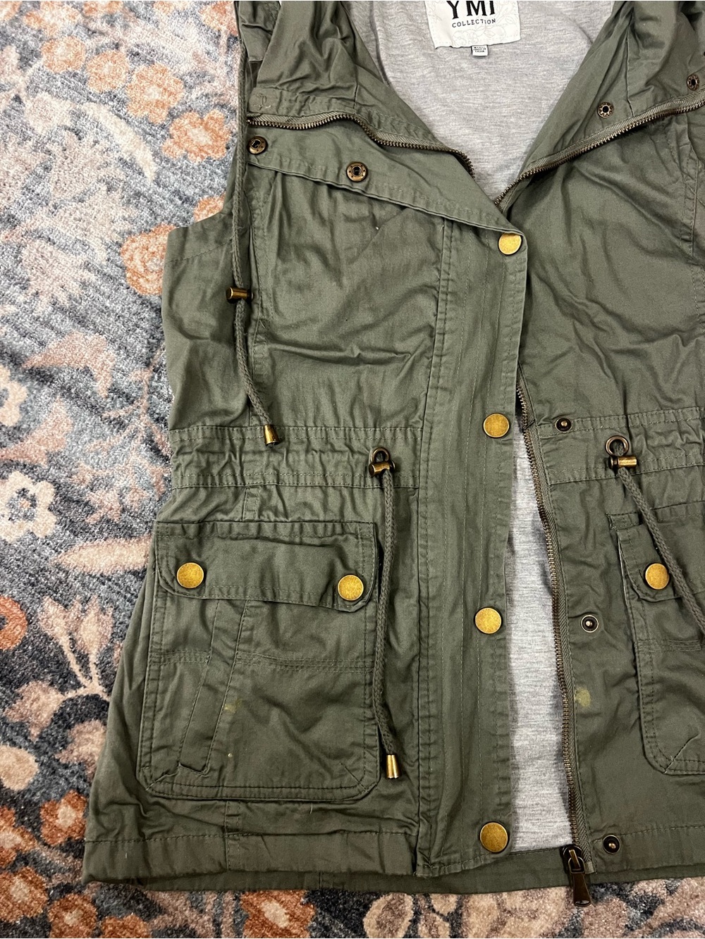 YMI Olive Hooded Utility Vest with Button Accents - Picture 2 of 7